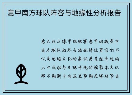 意甲南方球队阵容与地缘性分析报告