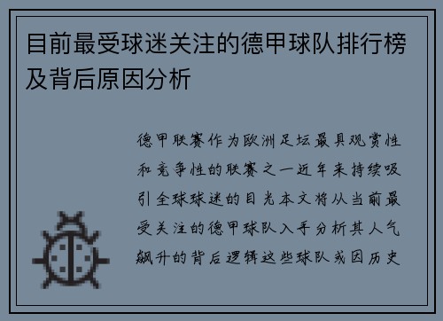目前最受球迷关注的德甲球队排行榜及背后原因分析