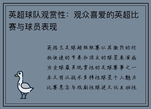 英超球队观赏性：观众喜爱的英超比赛与球员表现