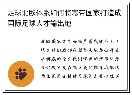 足球北欧体系如何将寒带国家打造成国际足球人才输出地
